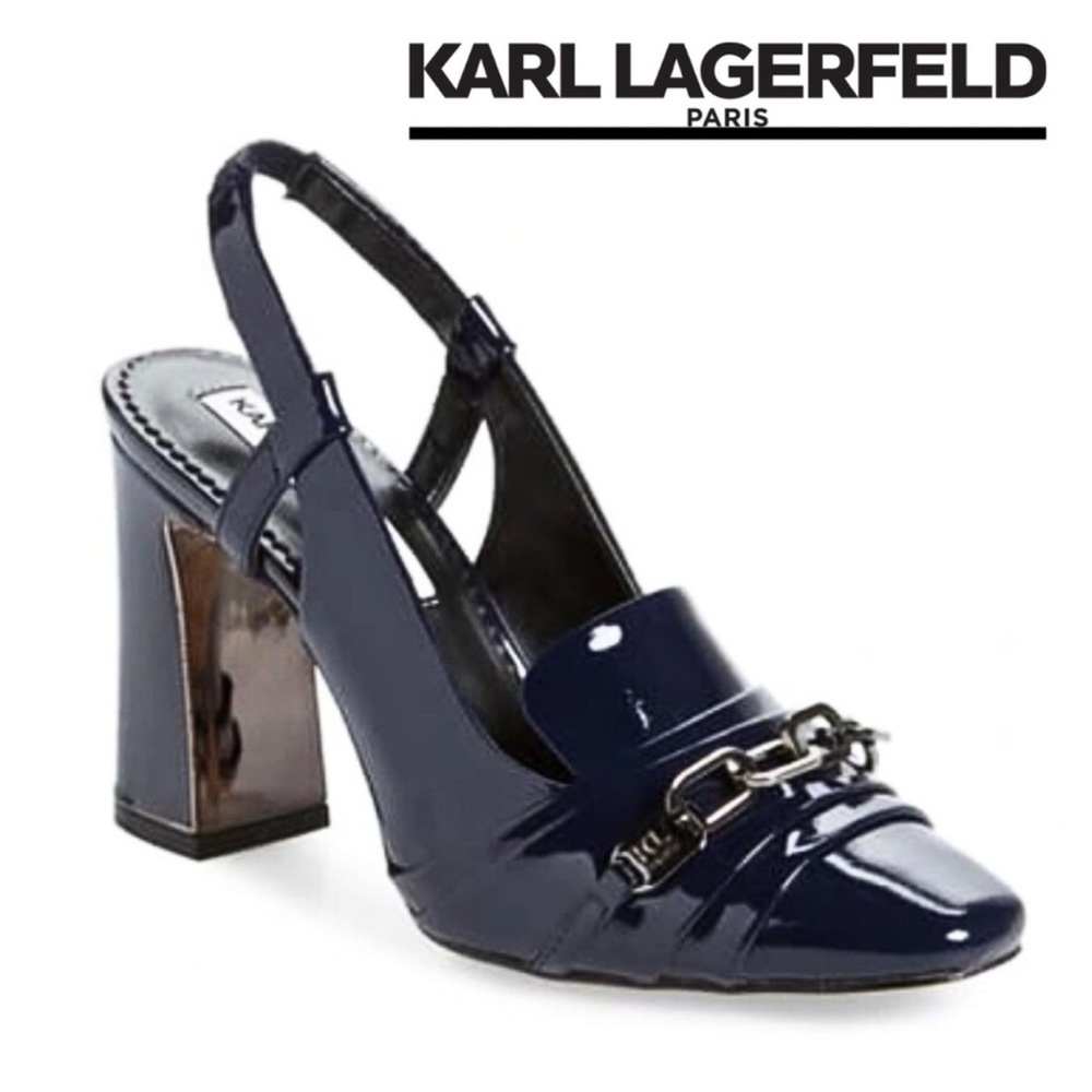 Karl Lagerfeld Paris Chain Women’s Black Patent Leather sling back pumps 7.5
